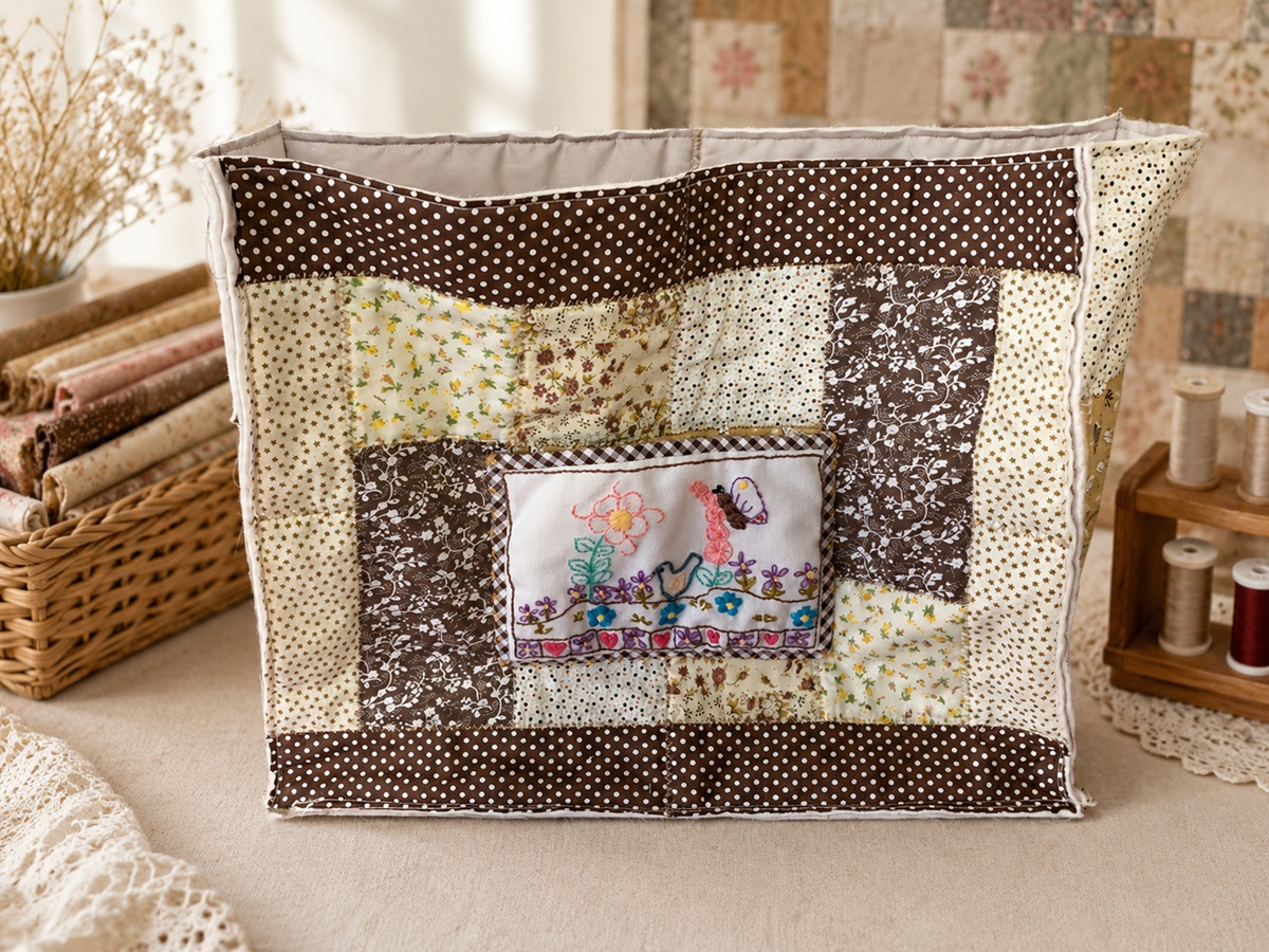 Bolso de patchwork en tonos marrones y beige con bolsillo delantero bordado a mano con flores y casitas