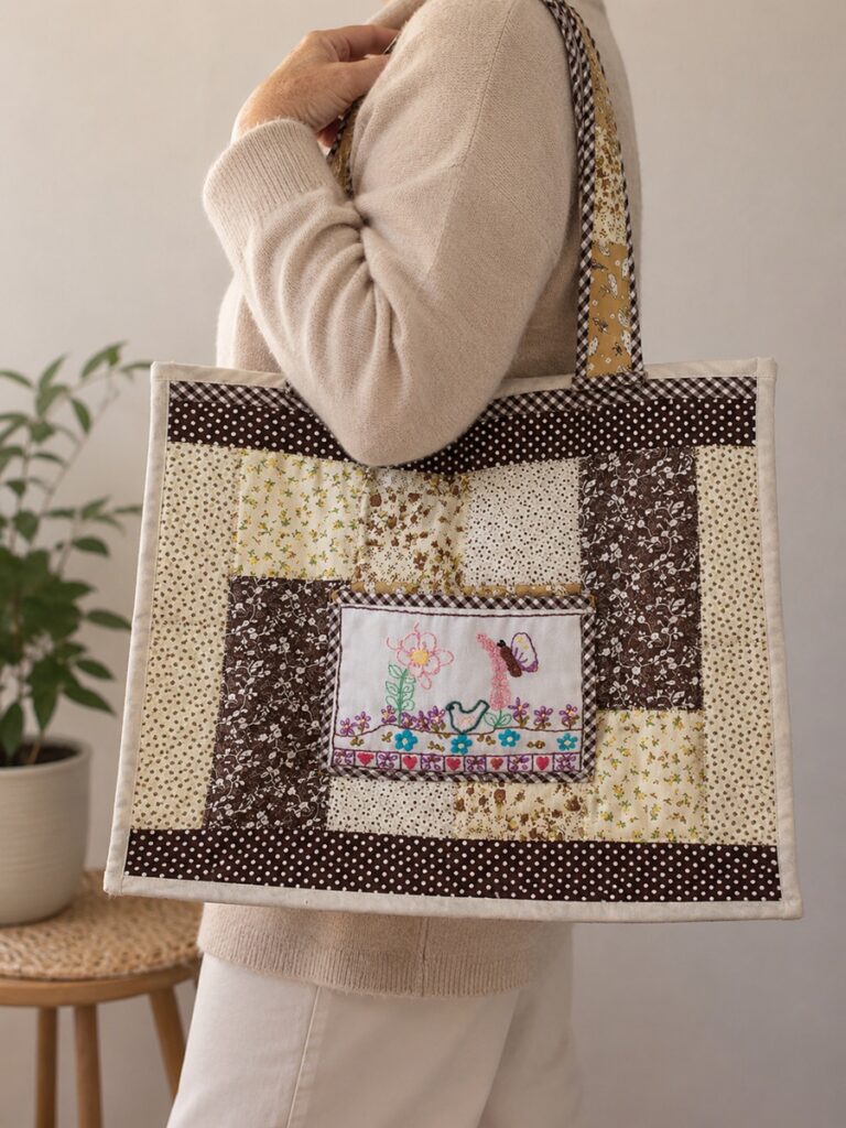 Mujer llevando un bolso de patchwork hecho a mano en tonos marrones, beige y crema
