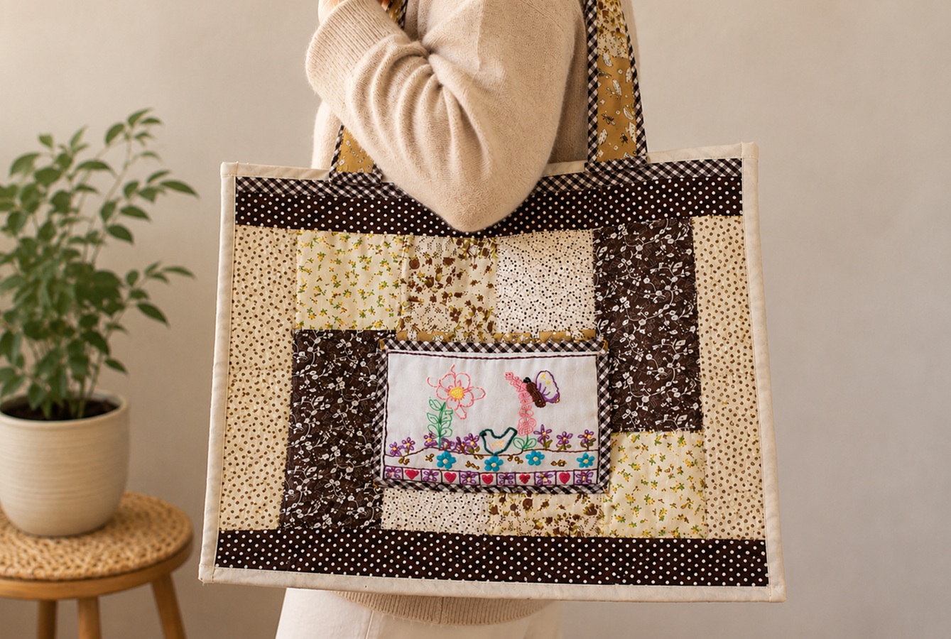 Mujer llevando un bolso de patchwork hecho a mano con bolsillo bordado en tonos marrones y beige