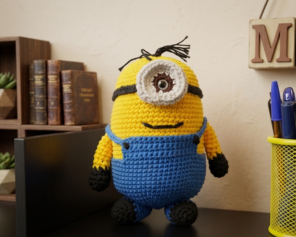 Minion de crochet hecho a mano colocado en la mesa de trabajo de Key, junto a un portalápices amarillo.