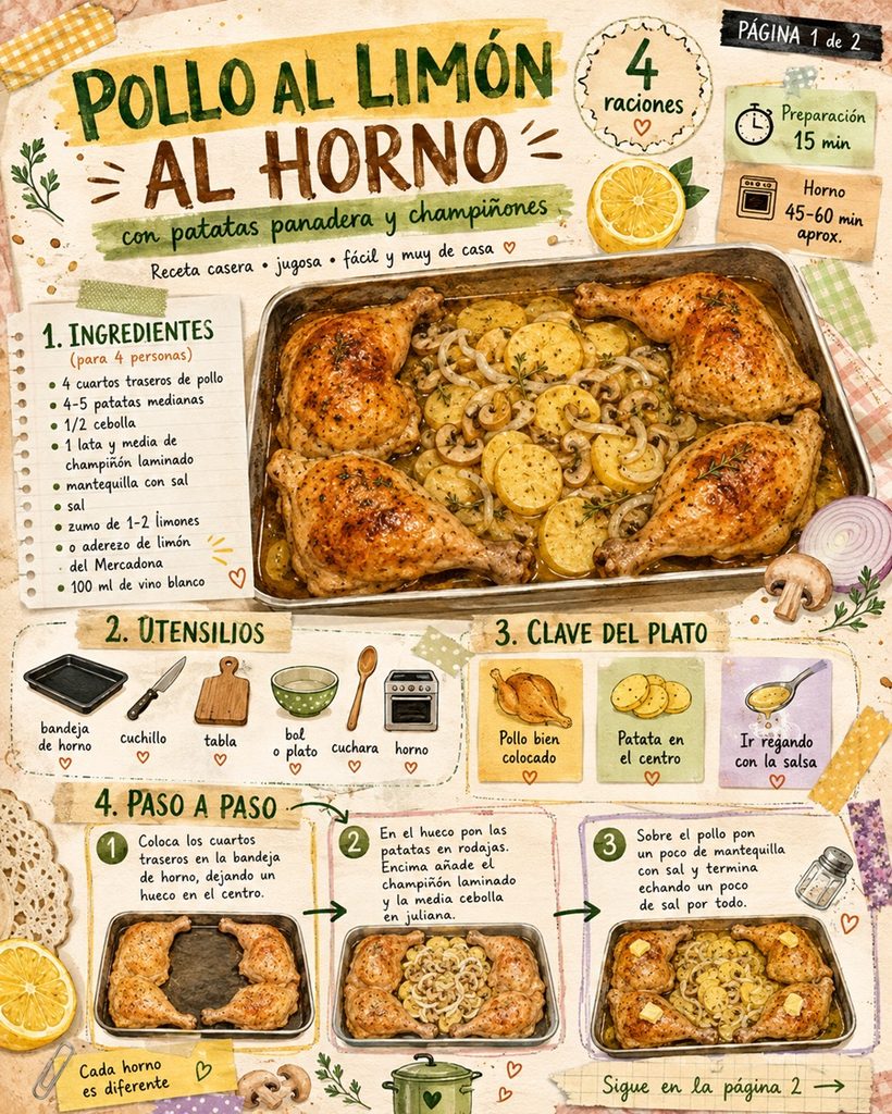 Fanzine de pollo al limón con patatas panadera, con ingredientes, utensilios y primeros pasos de preparación.