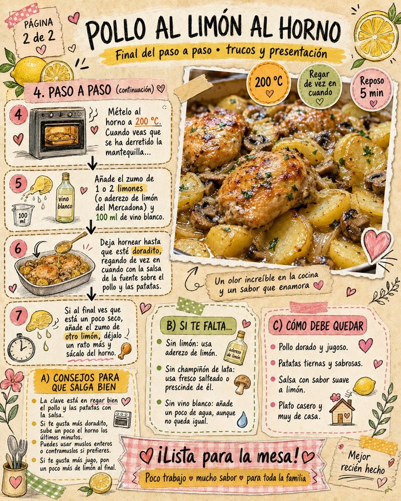 Fanzine de pollo al limón con patatas panadera, con el horneado final, consejos y presentación del plato.