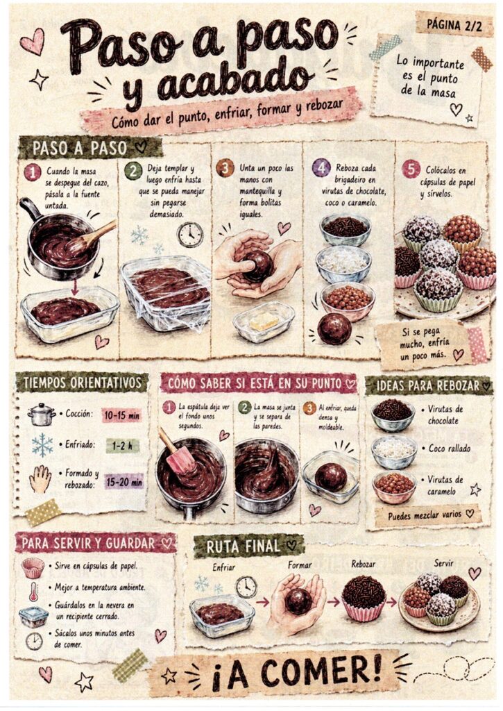 Segunda página del fanzine de brigadeiro con el paso a paso, tiempos y formas de rebozar