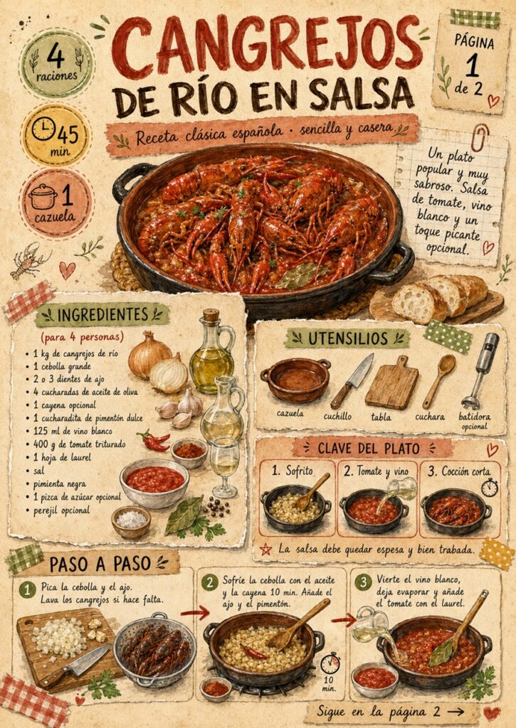 Primera página del fanzine de cangrejos de río en salsa con los ingredientes y el comienzo de la preparación