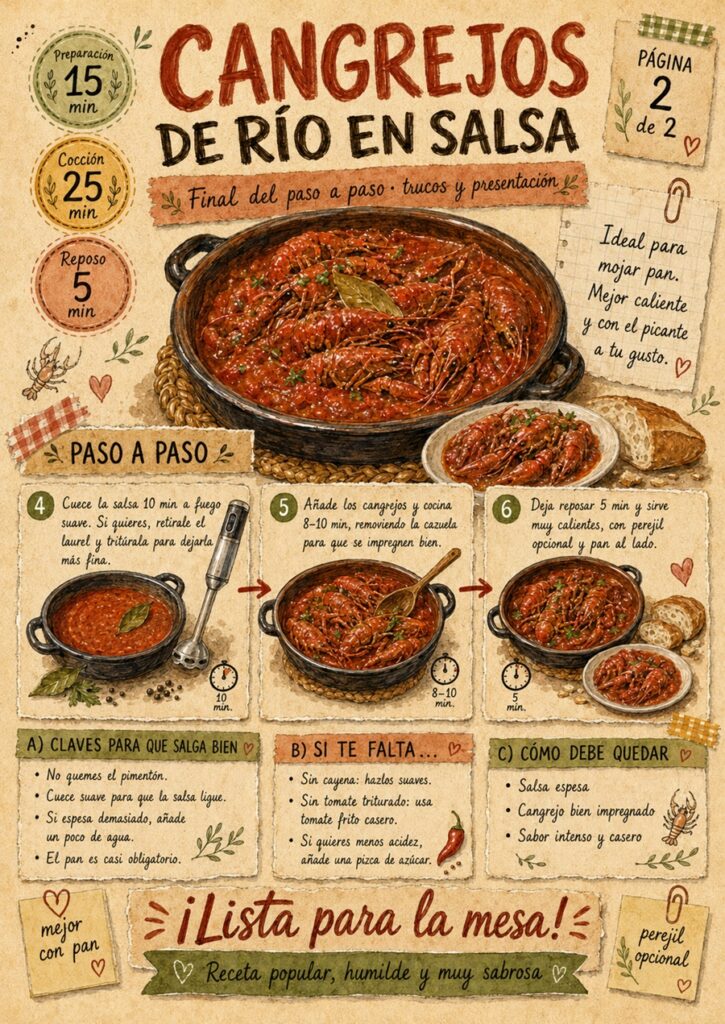 Segunda página del fanzine de cangrejos de río en salsa con el final de la preparación y el tiempo de cocción