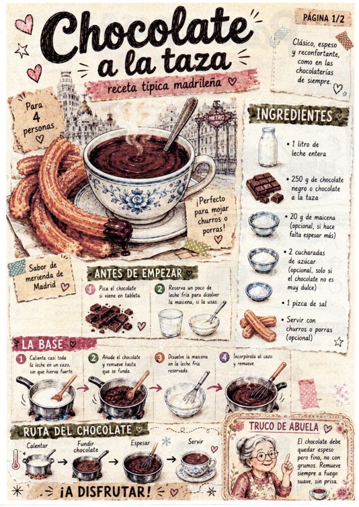 Primera página del fanzine de chocolate a la taza con los ingredientes y el comienzo de la preparación
