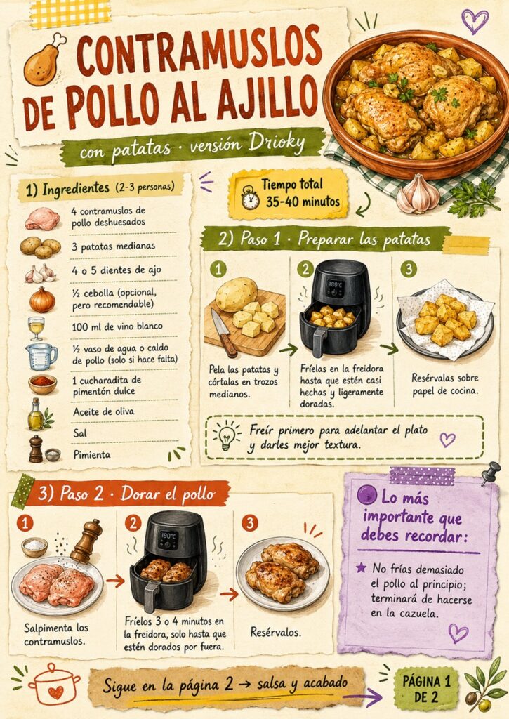 Primera página del fanzine de contramuslos de pollo al ajillo con patatas, con ingredientes y comienzo de la preparación