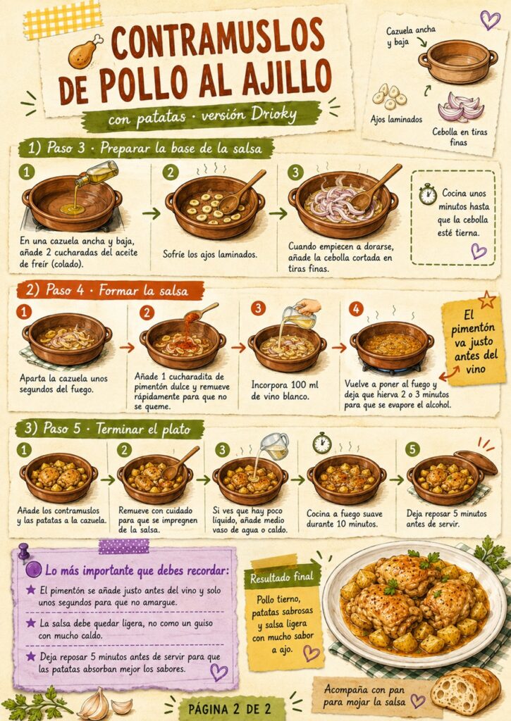 Segunda página del fanzine de contramuslos de pollo al ajillo con patatas, con el final de la preparación y el tiempo de cocción