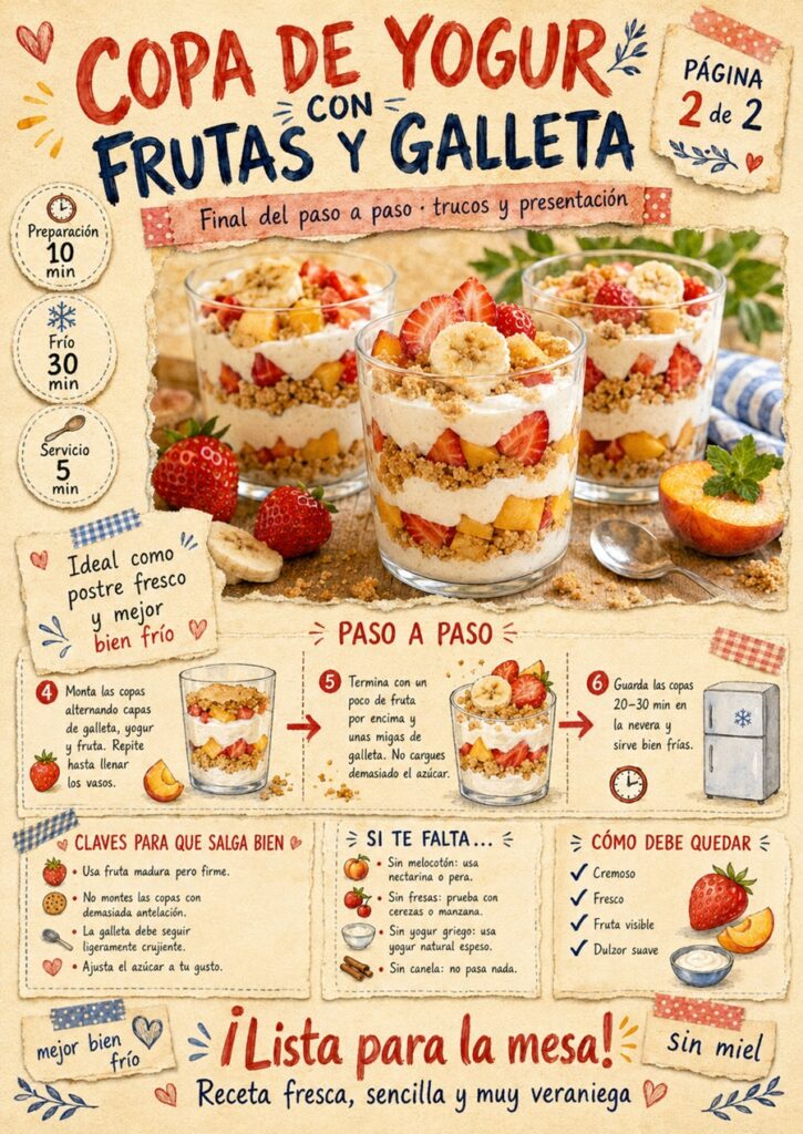 Segunda página del fanzine de copa de yogur con frutas y galleta, con el final de la preparación, el montaje y la presentación