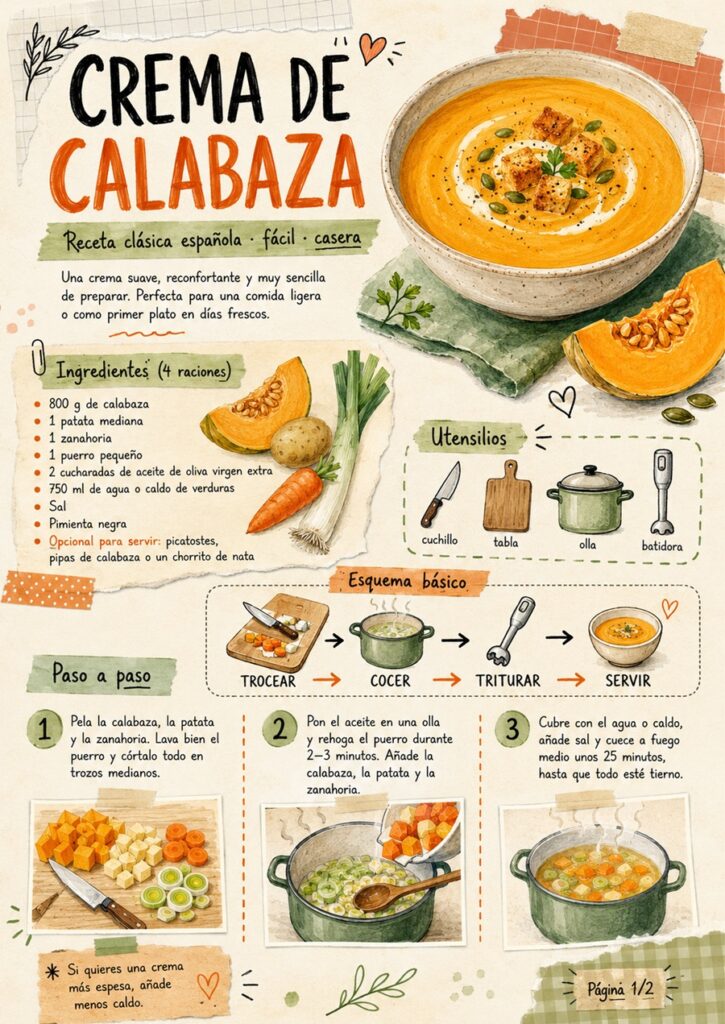 Primera página del fanzine de crema de calabaza con ingredientes e ilustración del plato.