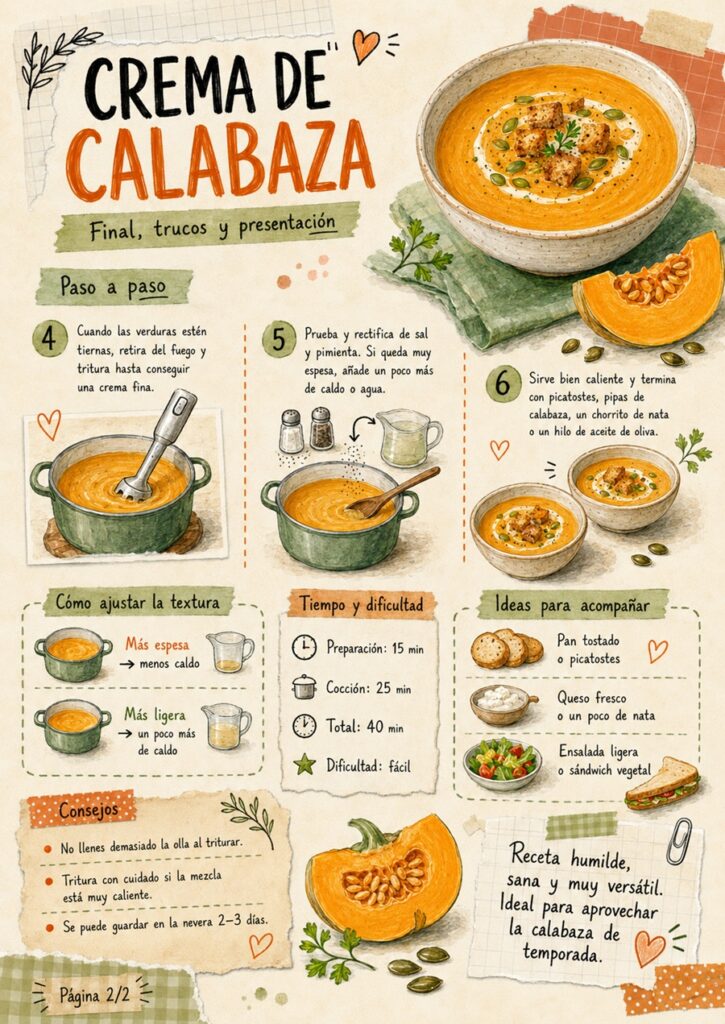 Segunda página del fanzine de crema de calabaza con la preparación paso a paso y consejos.