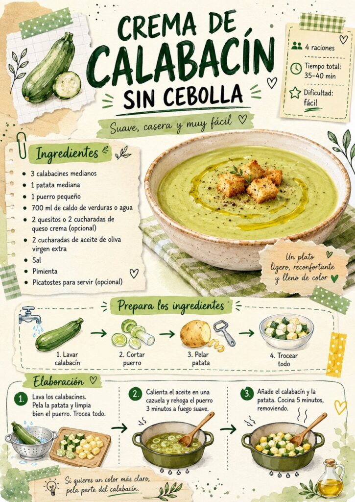 Primera página del fanzine de crema de calabacín sin cebolla con ingredientes y primeros pasos.