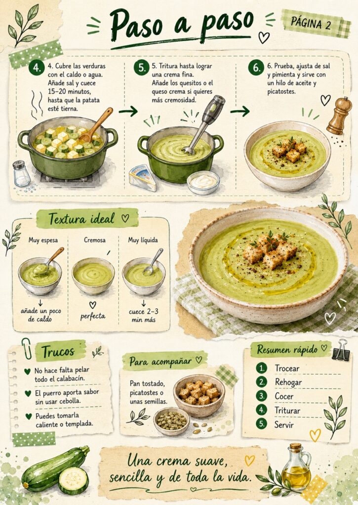 Segunda página del fanzine de crema de calabacín sin cebolla con preparación, trucos y presentación.