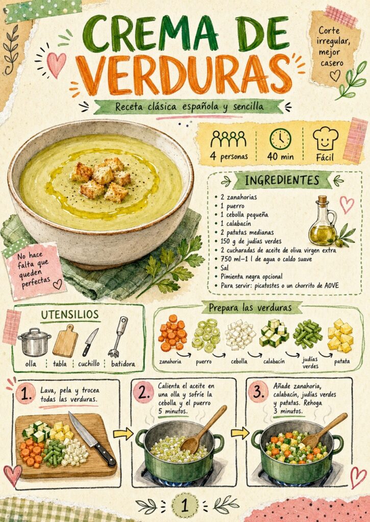 Primera página del fanzine de crema de verduras con ingredientes y primeros pasos.