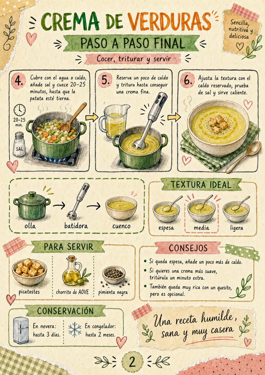 Segunda página del fanzine de crema de verduras con preparación, consejos y conservación.
