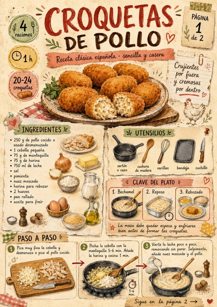 Primera página del fanzine de croquetas de pollo con ingredientes y primeros pasos de la receta.