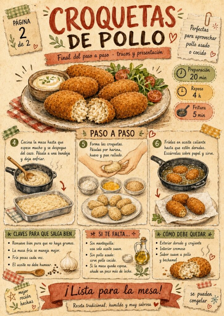 Segunda página del fanzine de croquetas de pollo con el final de la preparación, trucos y presentación.