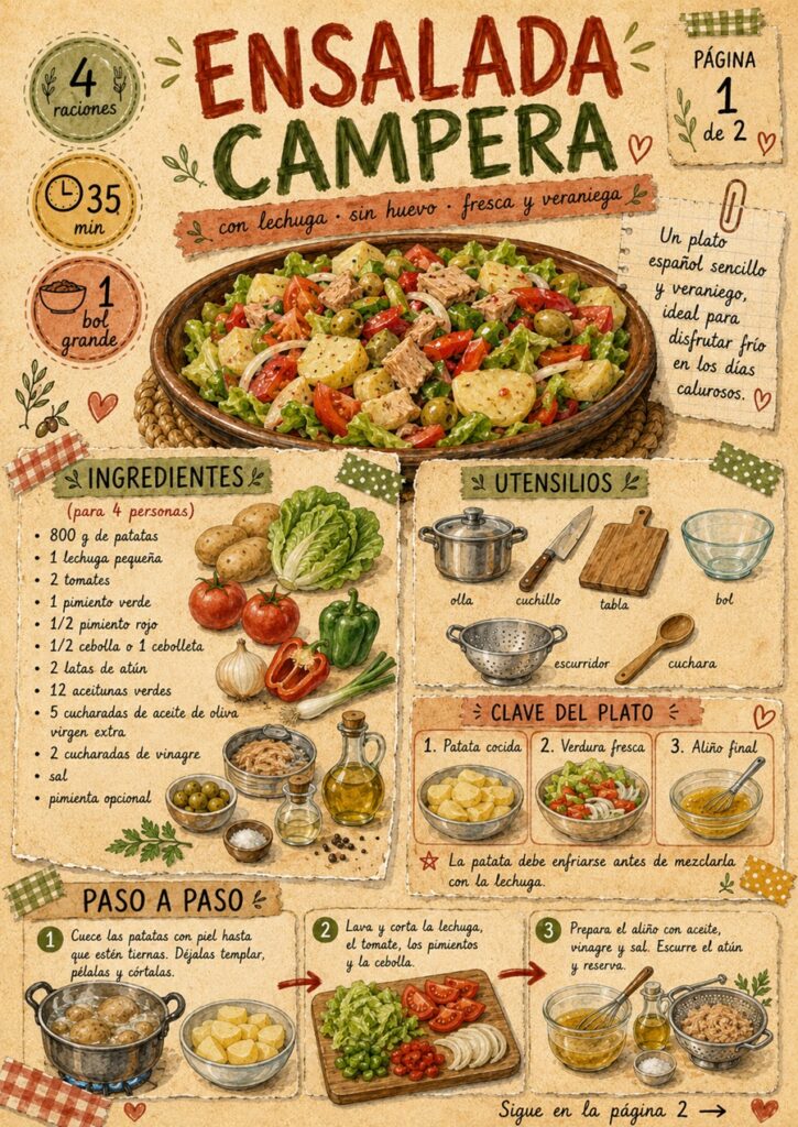 Fanzine de ensalada campera sin huevo con ingredientes, utensilios y primeros pasos de preparación.