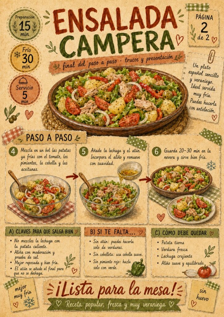 Fanzine de ensalada campera sin huevo con los pasos finales, consejos y presentación del plato.