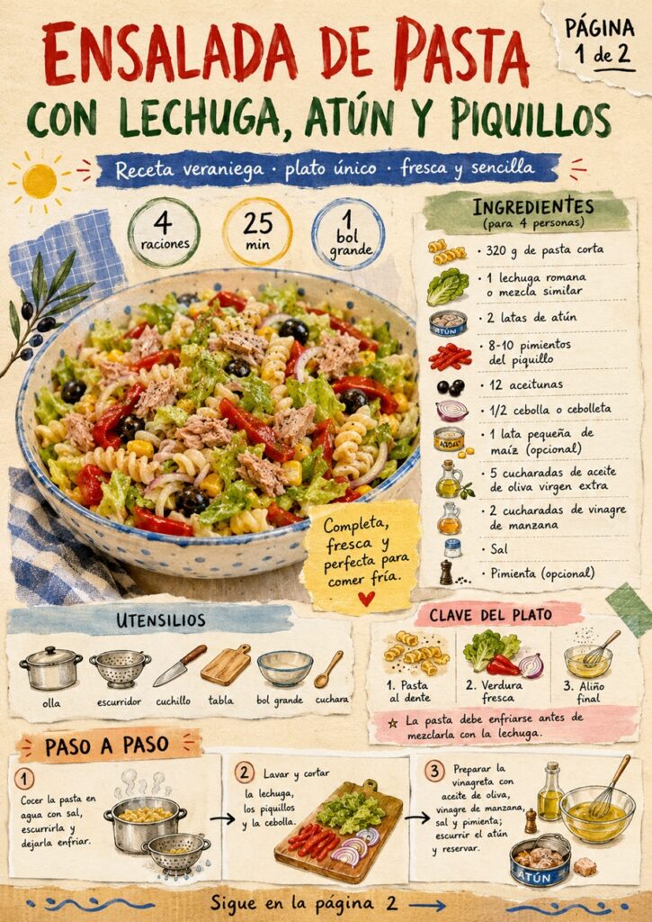 Fanzine de ensalada de pasta con lechuga, atún y pimientos del piquillo, con ingredientes y primeros pasos.
