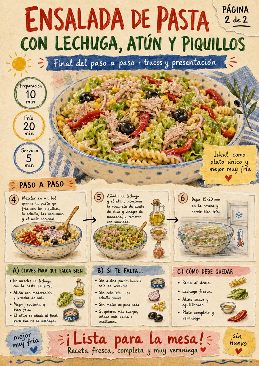 Fanzine de ensalada de pasta con los pasos finales, consejos y presentación del plato.
