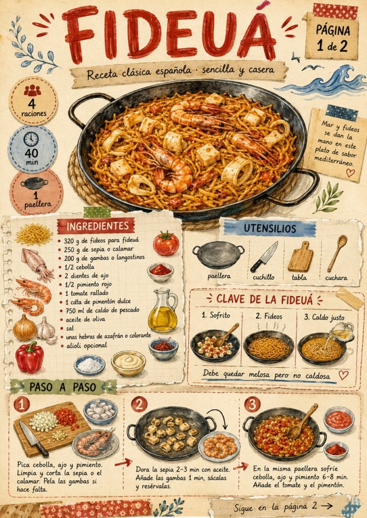 Fanzine de fideuá con ingredientes, utensilios y primeros pasos de preparación.
