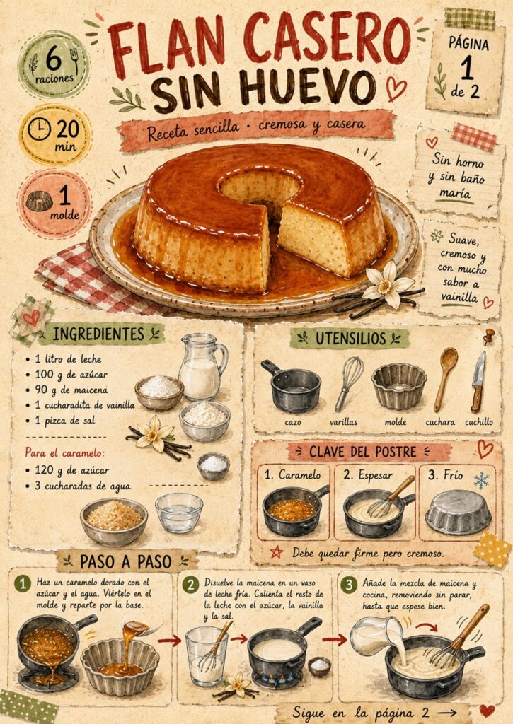 Fanzine de flan casero sin huevo con ingredientes, utensilios y primeros pasos de preparación.