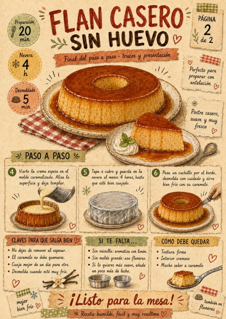 Fanzine de flan casero sin huevo con los pasos finales, consejos y presentación del postre.