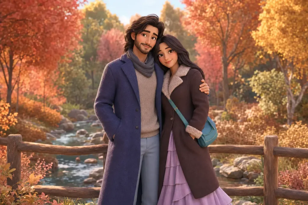 Ilustración de una pareja en un parque otoñal, inspirada en la historia de Drioky y Key
