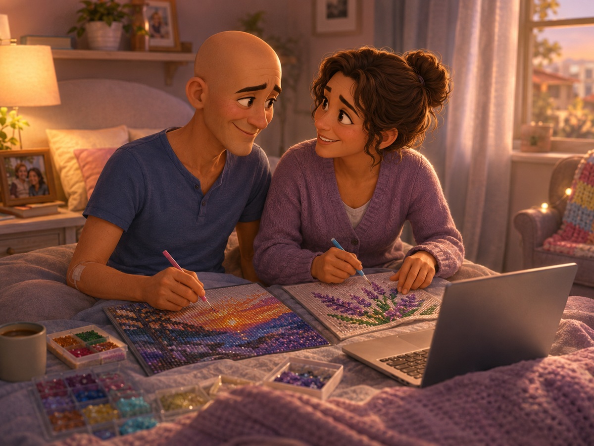 Ilustración de Key y Drioky haciendo pintura diamante juntos durante la recuperación en casa