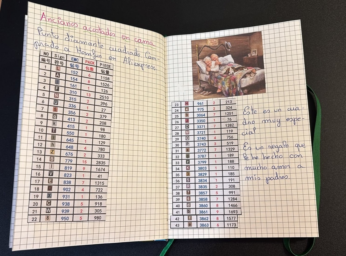 Cuaderno abierto con la leyenda de un cuadro y las referencias de símbolos y colores de los diamantes.