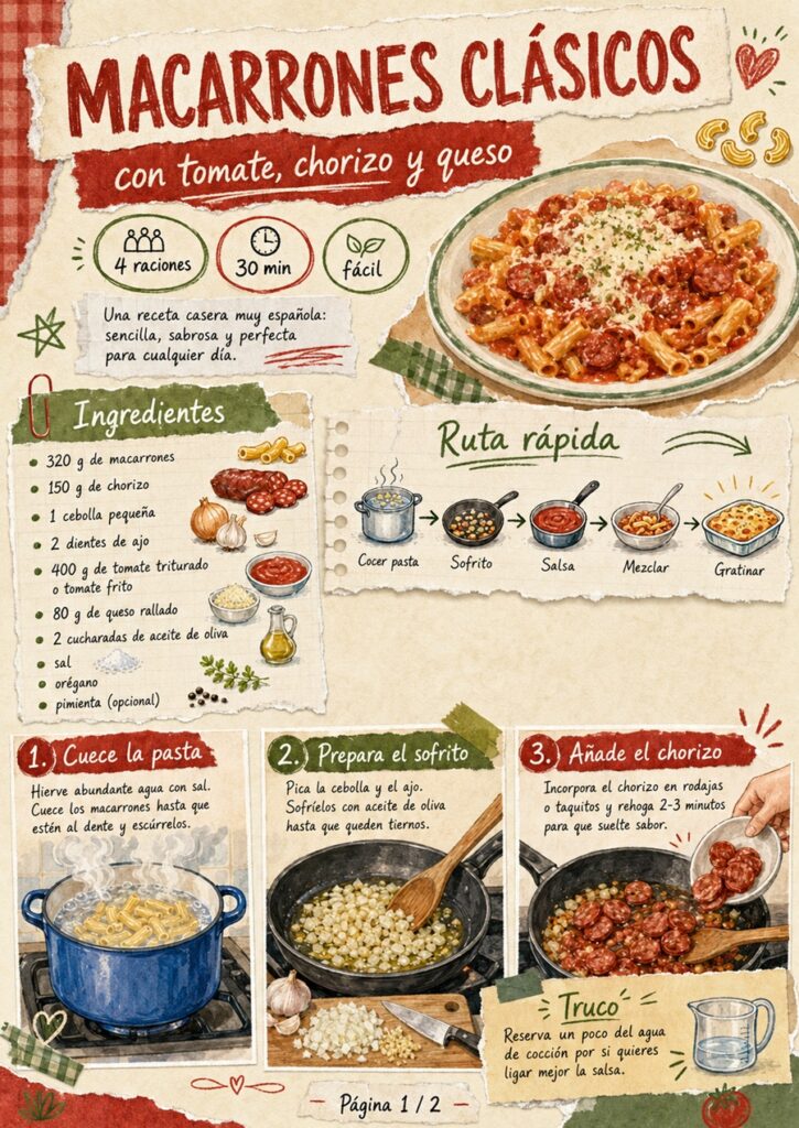 Fanzine de macarrones con tomate, chorizo y queso, con ingredientes y primeros pasos de preparación.