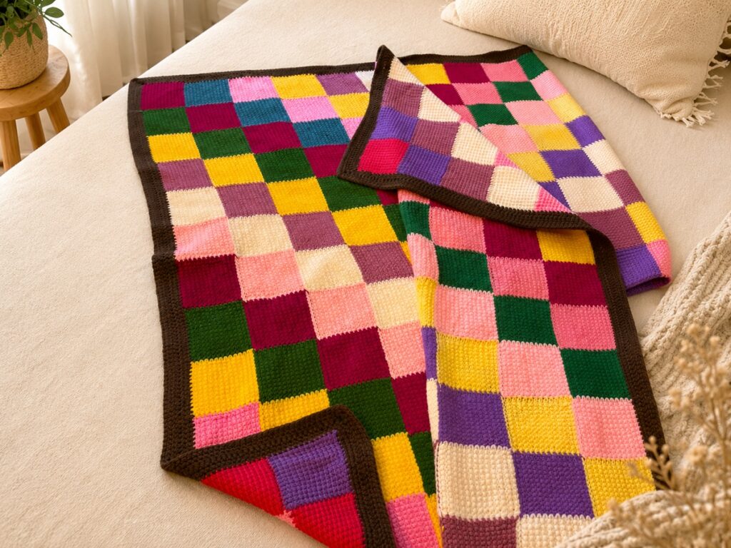 Manta tejida en punto tunecino con cuadrados de colores y borde marrón colocada sobre un sofá claro.