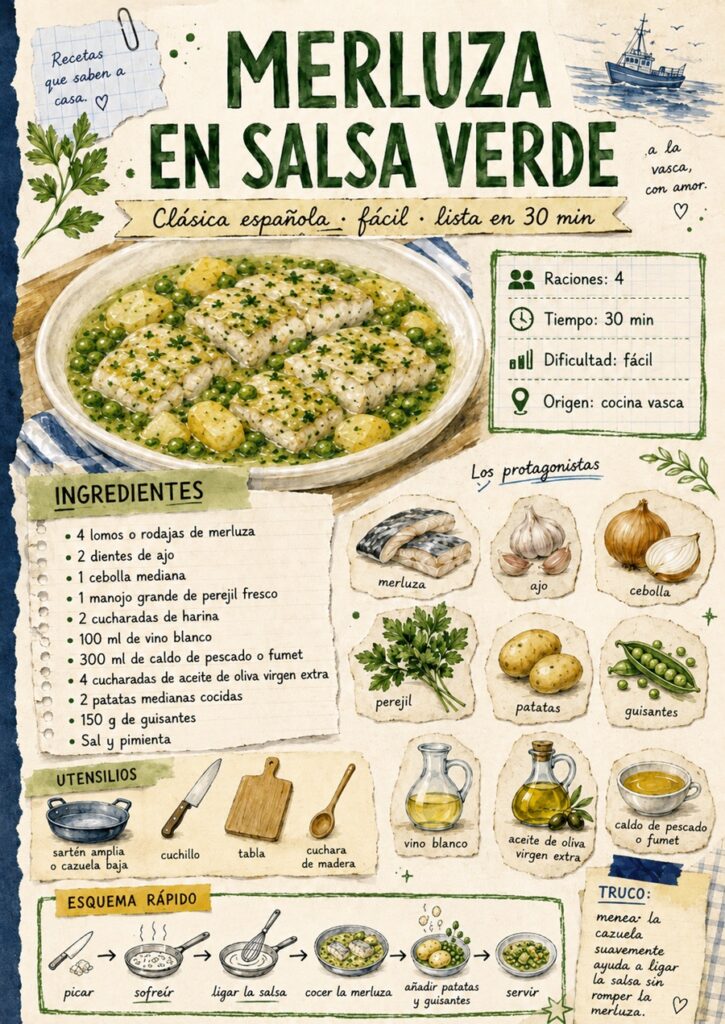 Fanzine de merluza en salsa verde con ingredientes, utensilios y esquema de preparación.