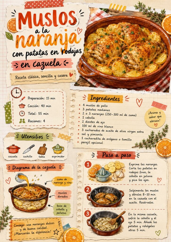 Fanzine de muslos a la naranja en cazuela con patatas, ingredientes y primeros pasos de preparación.