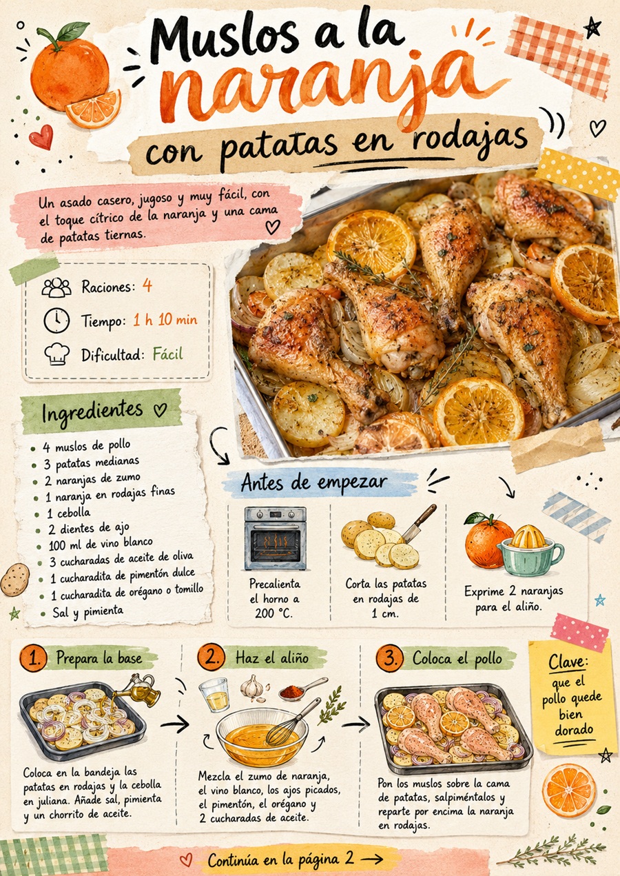 Fanzine de muslos a la naranja al horno con patatas, ingredientes y primeros pasos de preparación.