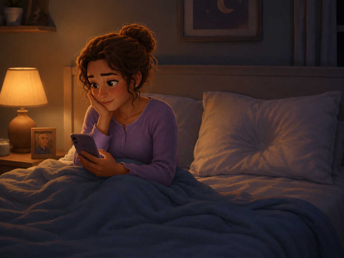 Ilustración de Drioky por la noche, pendiente del móvil y sintiendo la ausencia de Key durante sus ingresos