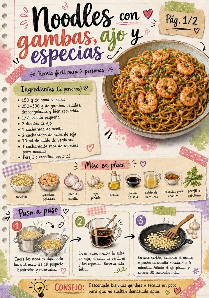 Fanzine de noodles con gambas, ajo y especias, con ingredientes y primeros pasos de preparación.