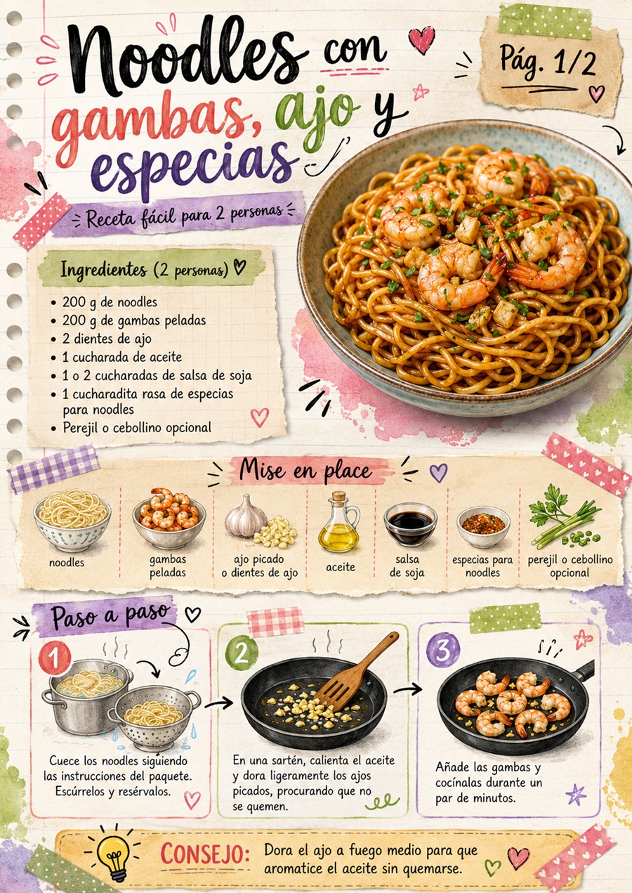 Fanzine de noodles con gambas, ajo y especias, con ingredientes y primeros pasos de preparación.