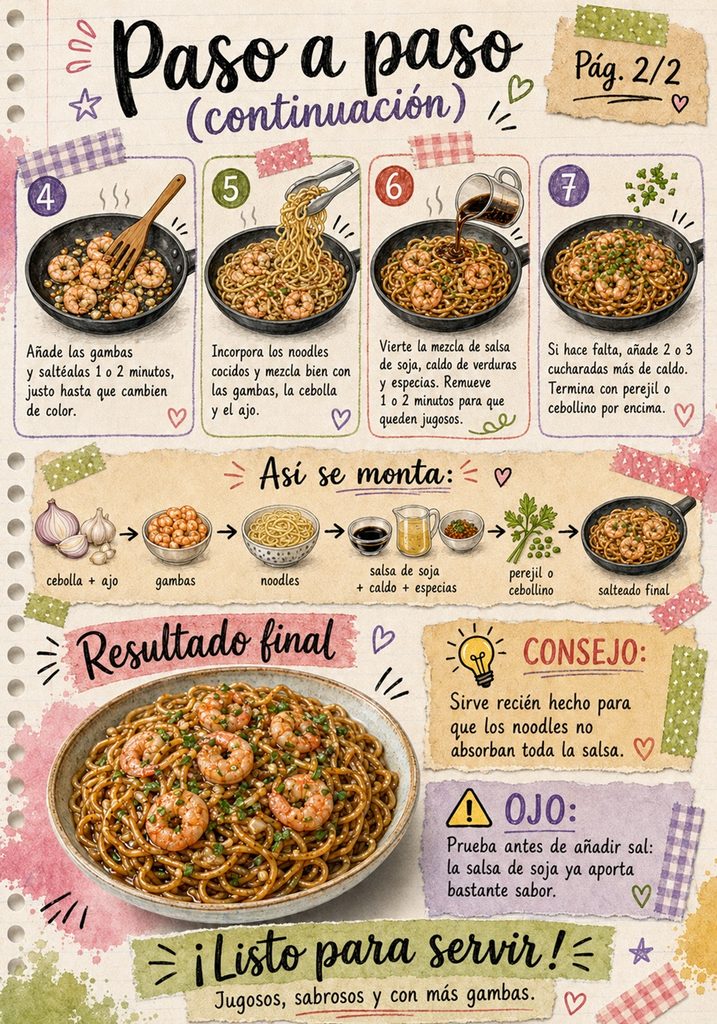 Fanzine de noodles con gambas con los pasos finales, consejos y presentación del plato.