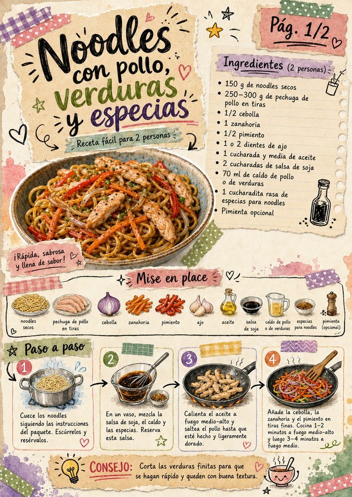 Fanzine de noodles con pollo y verduras, con ingredientes y primeros pasos de preparación.