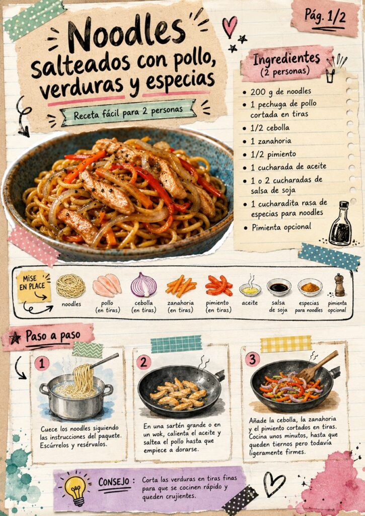 Fanzine de noodles con pollo y verduras, con ingredientes y primeros pasos de preparación.