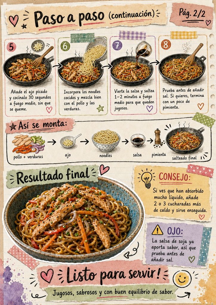 Fanzine de noodles con pollo y verduras, con los pasos finales, consejos y presentación del plato.