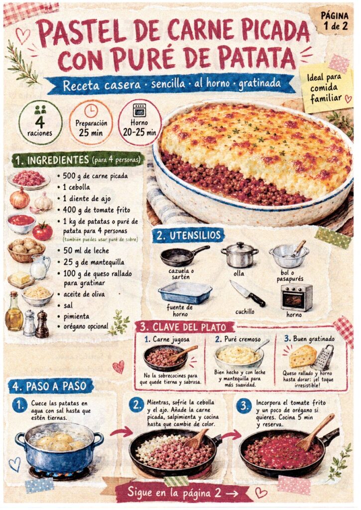 Fanzine de pastel de carne con puré de patata, con ingredientes, utensilios y primeros pasos de preparación.