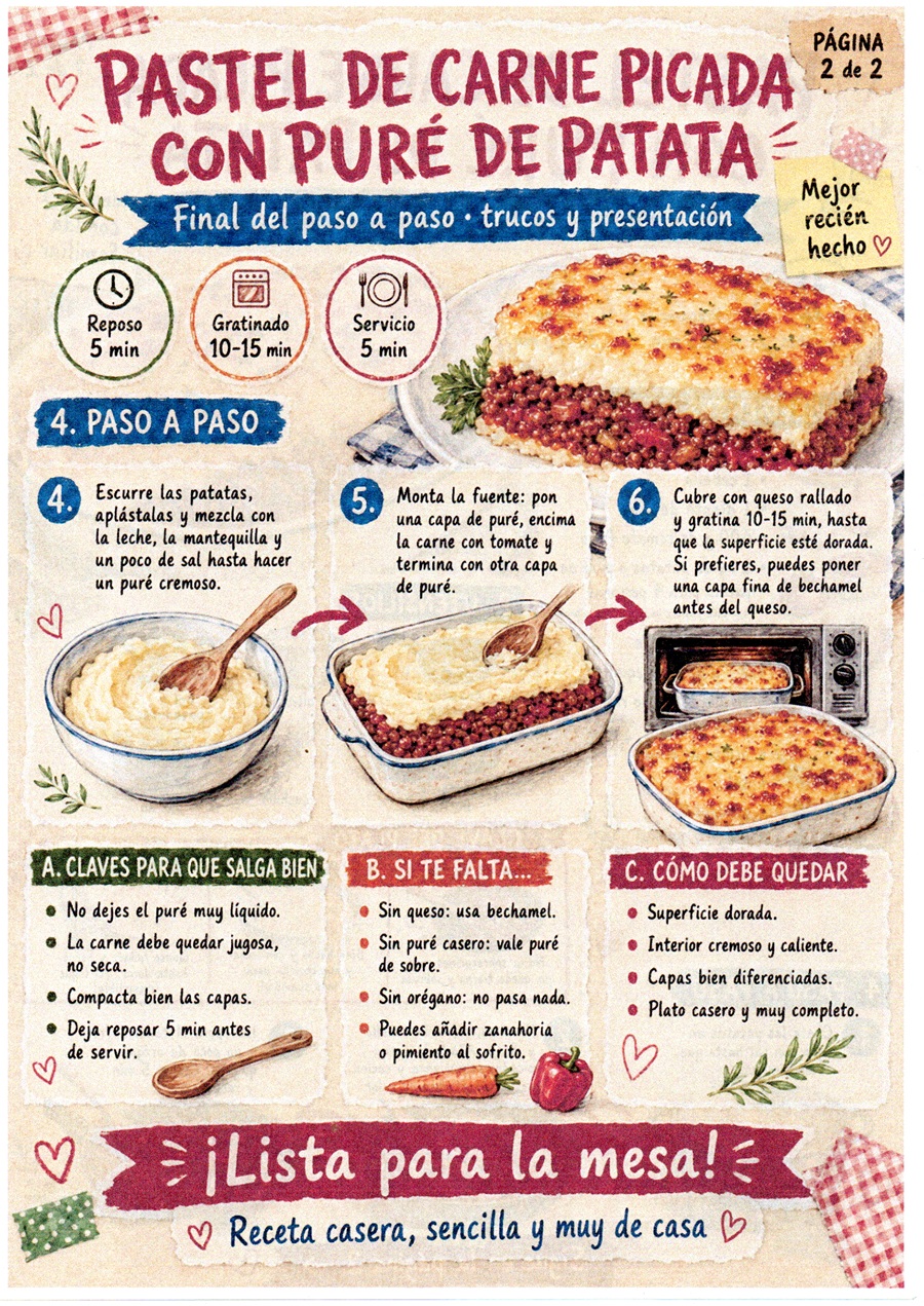 Fanzine de pastel de carne con puré de patata, con el montaje, gratinado, consejos y presentación final.