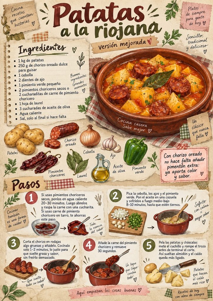 Fanzine de patatas a la riojana con ingredientes, utensilios y primeros pasos de preparación.