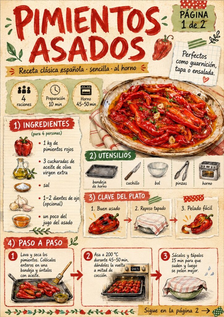Fanzine de pimientos asados con ingredientes, utensilios y primeros pasos de preparación.