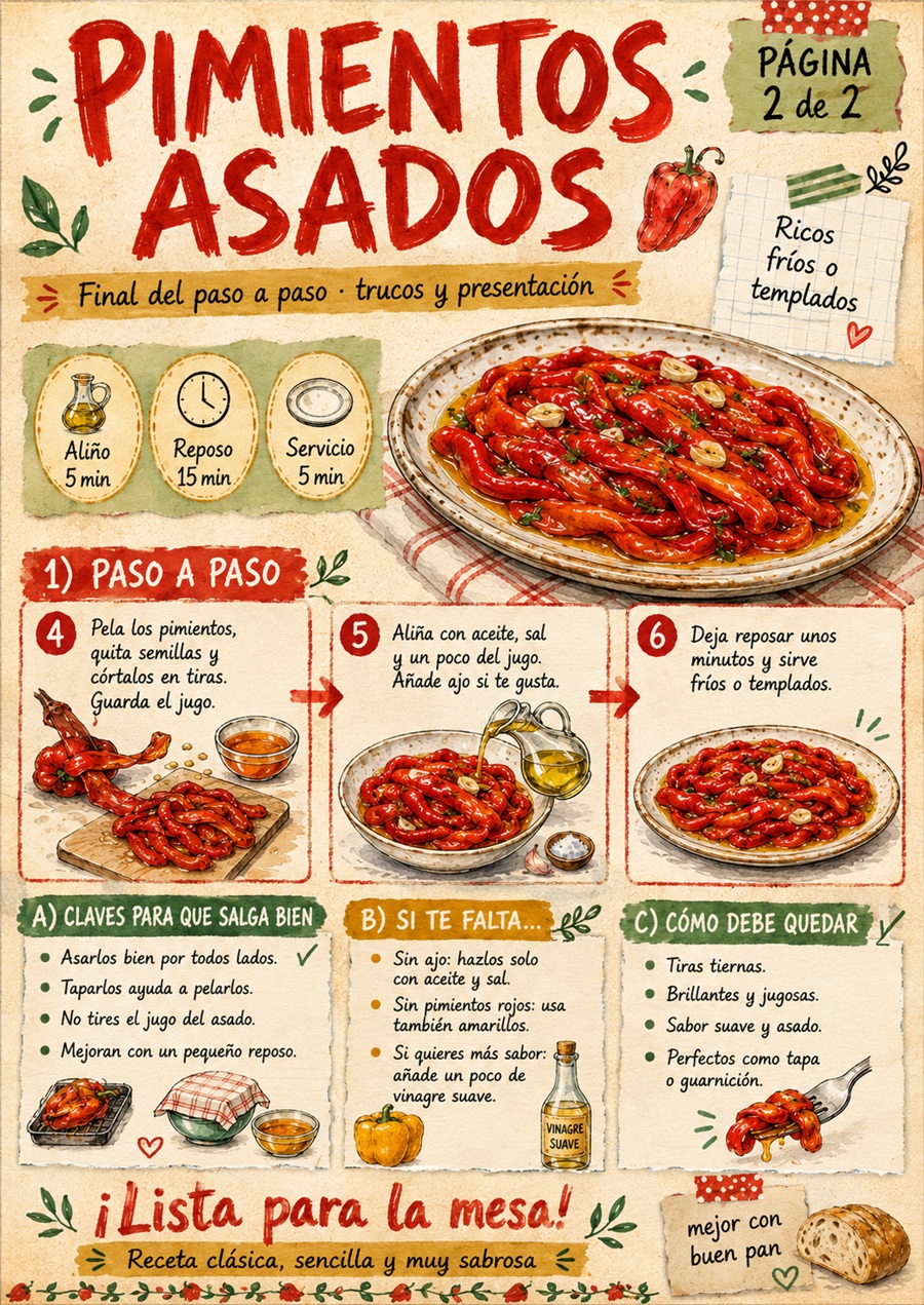 Fanzine de pimientos asados con los pasos finales, consejos y presentación del plato.