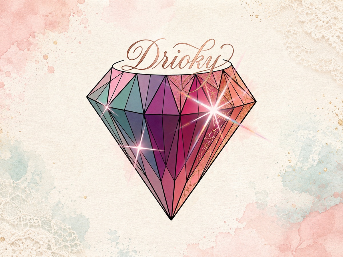 Diamante de colores con el nombre Drioky sobre un fondo artesanal en tonos pastel.
