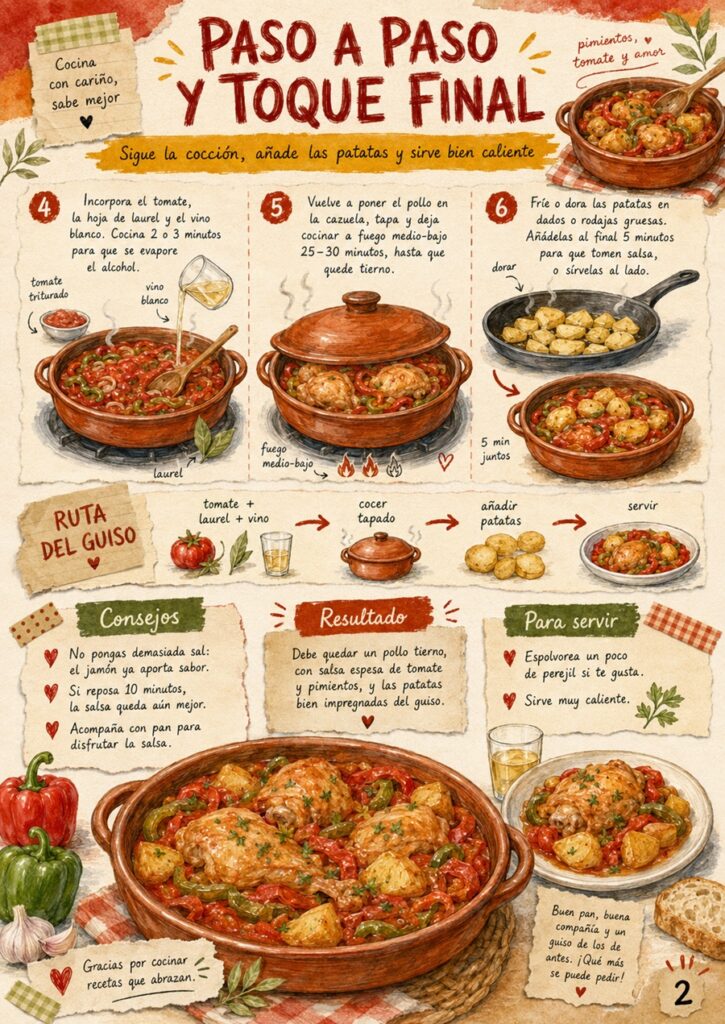 Fanzine de pollo al chilindrón con patatas, pasos finales, consejos y presentación del guiso.